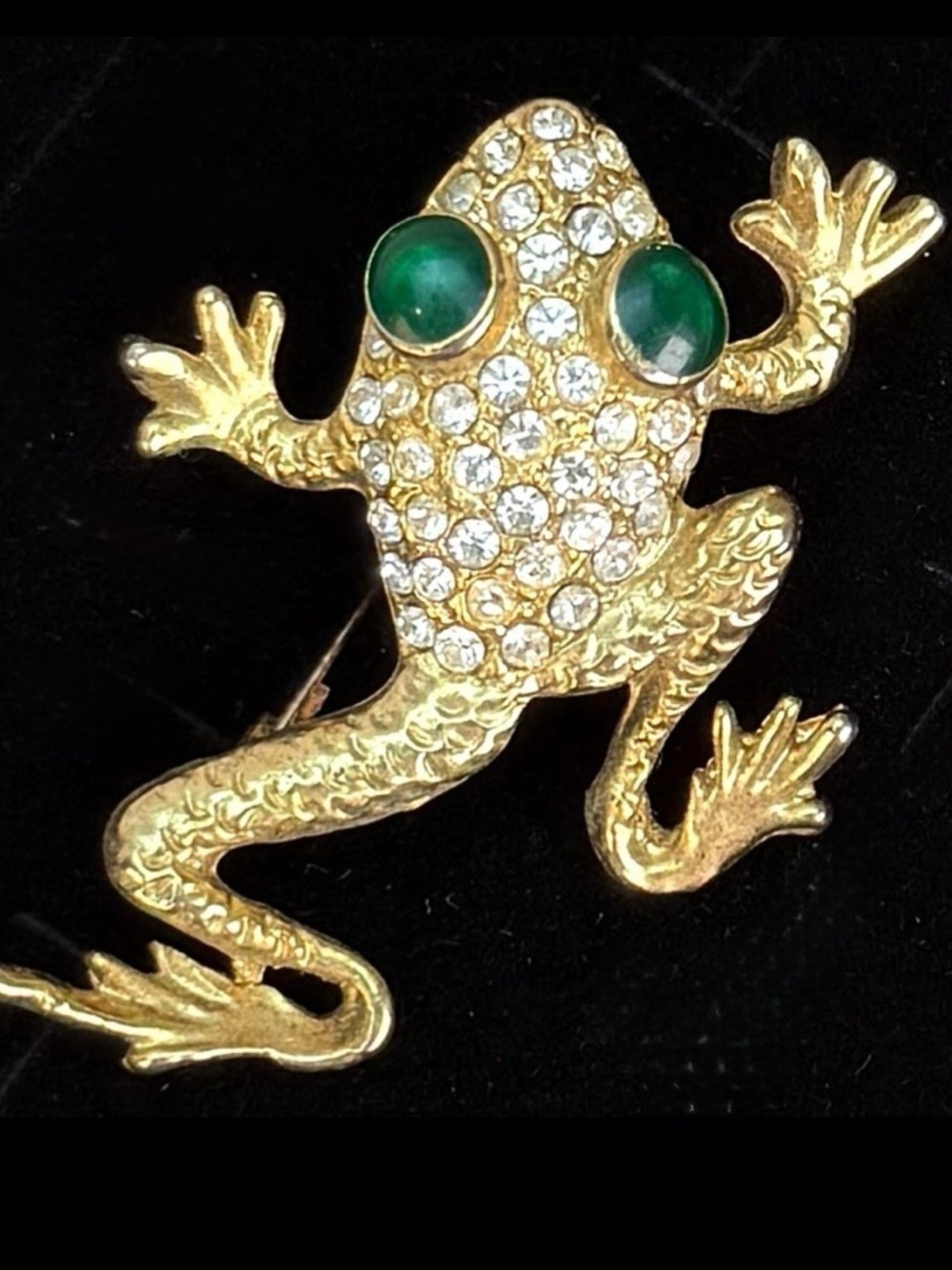 Gold Tone Leaping Frog Brooch Green Eyes Clear Accents Whimsical Animal Pin